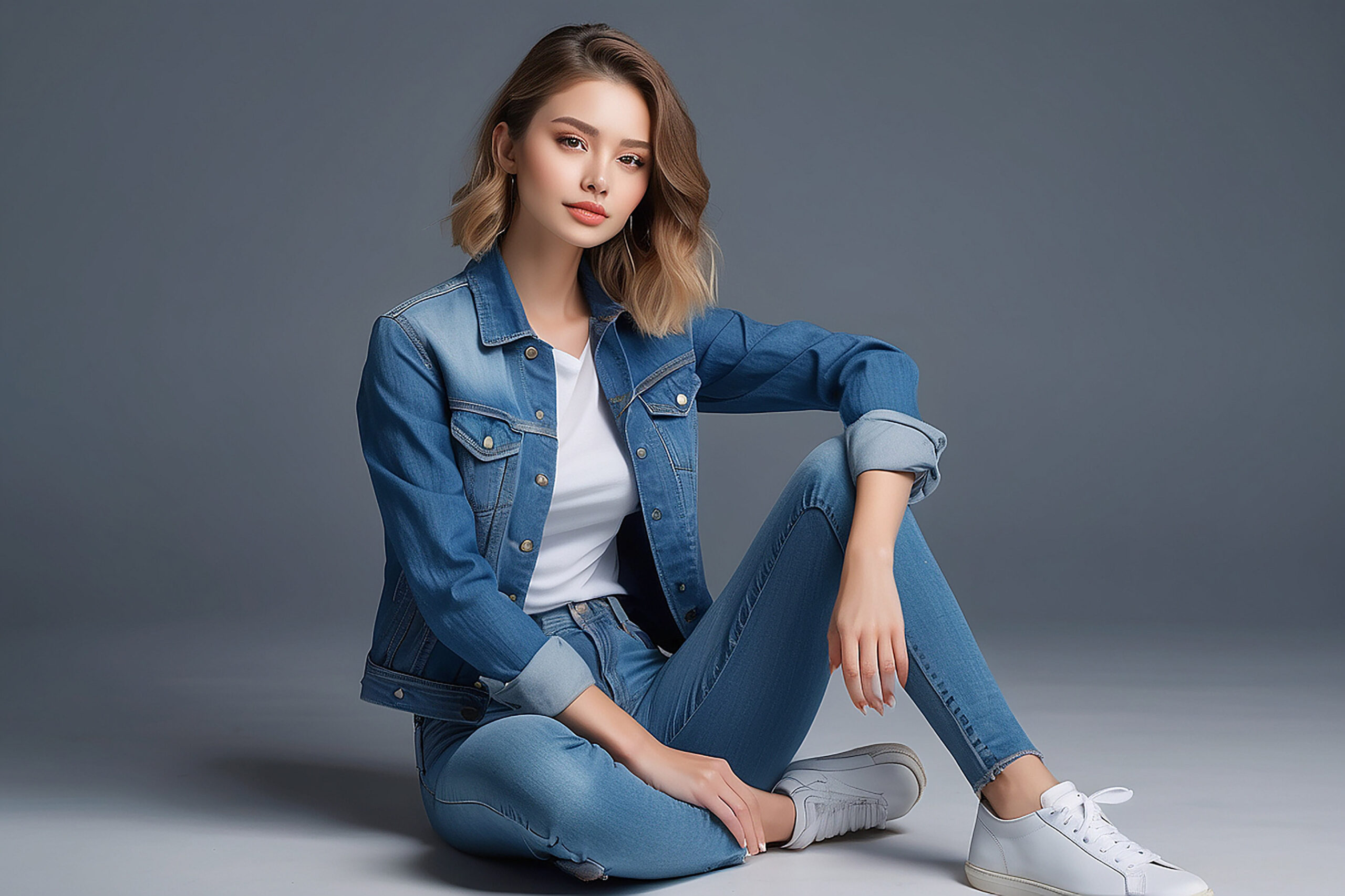 A Beautiful Young Woman in Denim Jeans Sitting Crosslegged on the Left Generative AI