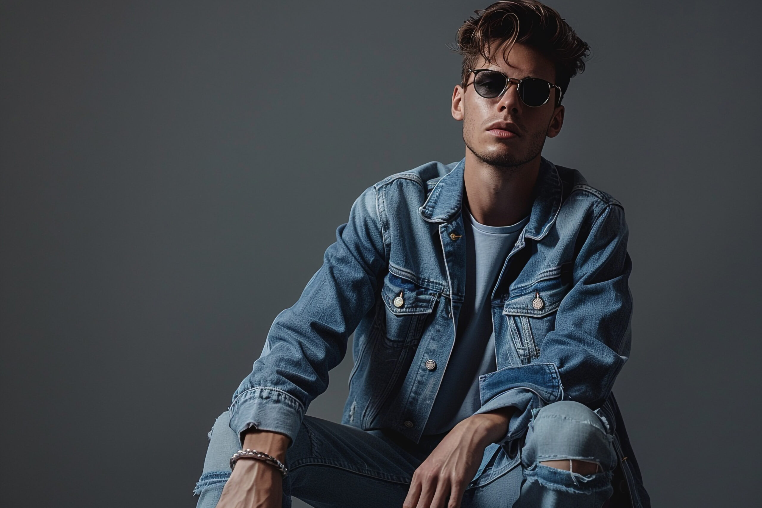 Handsome Fashion Model in denim jacket and chinos male dress Lifestyle mens portrait Fashion Male Background slate grey lifestyle portrait